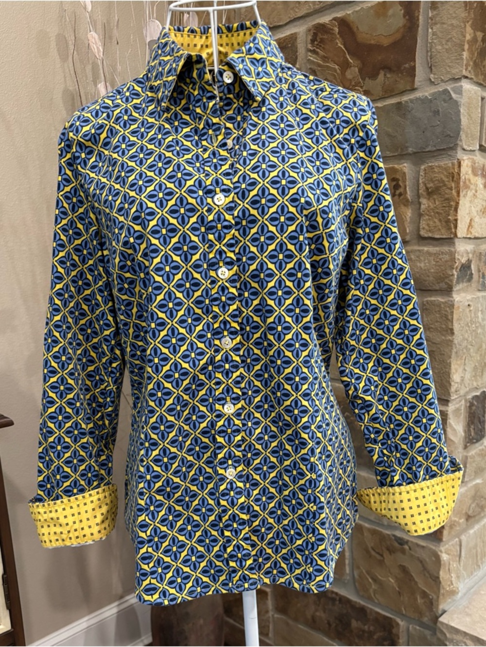 Blue and Yellow Geometric Button-Up Shirt - Women's Top